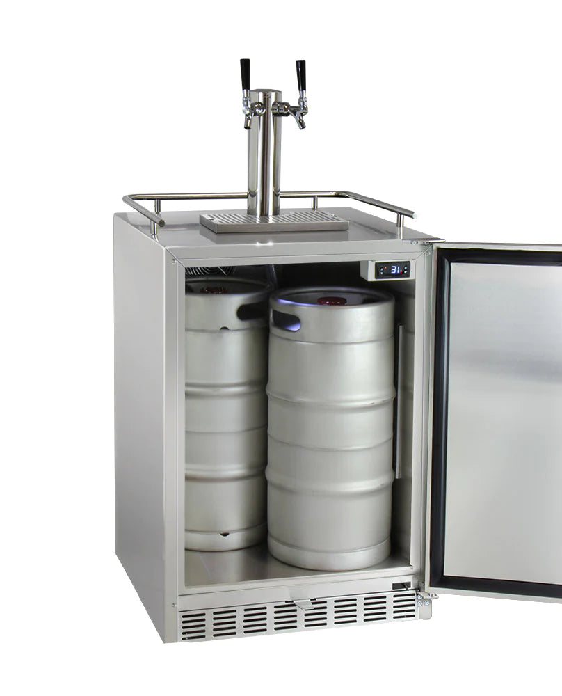 Kegco Dual Faucet Digital Outdoor Undercounter Left Hinge Kegerator with X-CLUSIVE Premium Direct Draw Kit