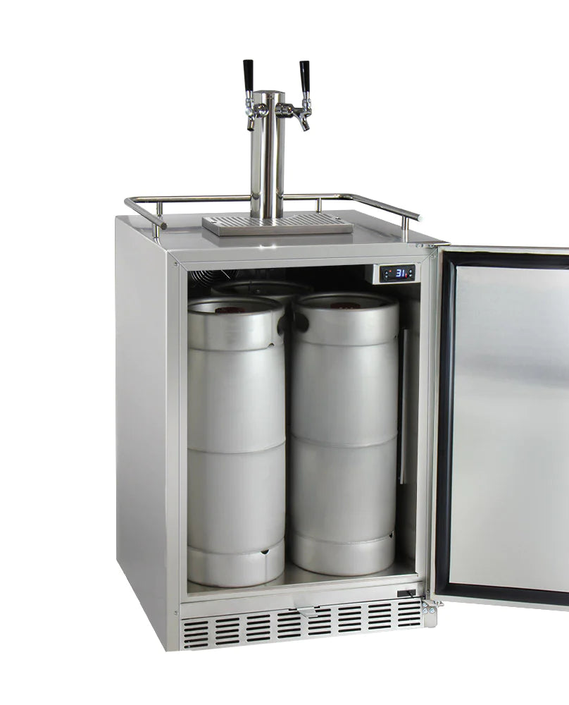 Kegco Dual Faucet Digital Outdoor Undercounter Left Hinge Kegerator with X-CLUSIVE Premium Direct Draw Kit