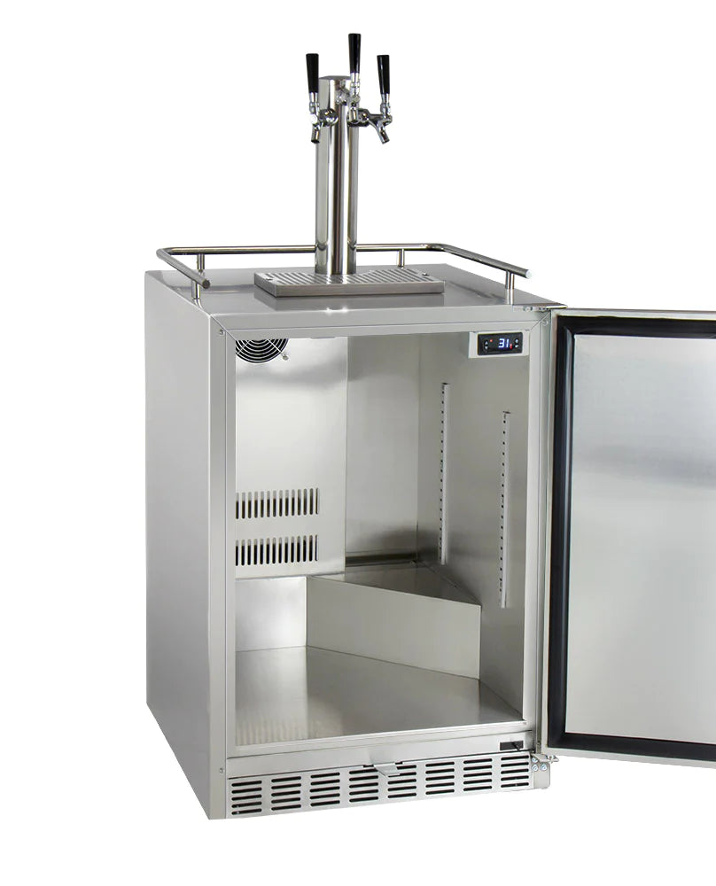 Kegco Three Faucet Digital Outdoor Undercounter Left Hinge Kegerator with X-CLUSIVE Premium Direct Draw Kit