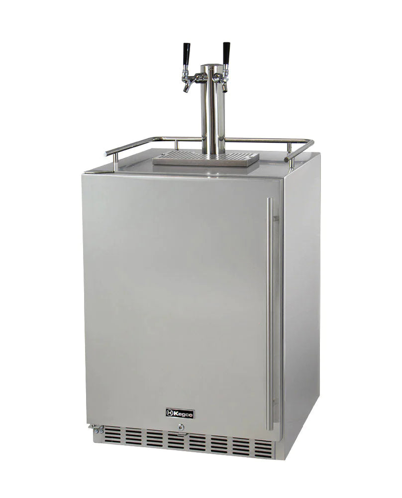 Kegco Dual Faucet Digital Outdoor Undercounter Left Hinge Kegerator with X-CLUSIVE Premium Direct Draw Kit