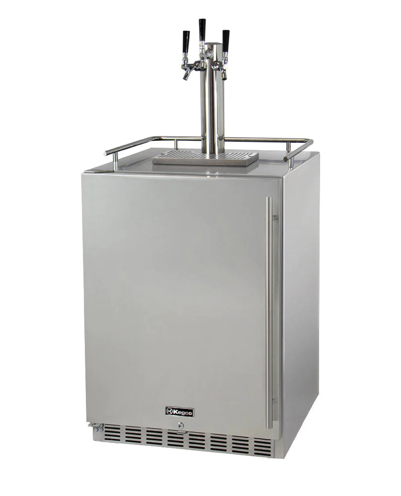 Kegco Three Faucet Digital Outdoor Undercounter Left Hinge Kegerator with X-CLUSIVE Premium Direct Draw Kit