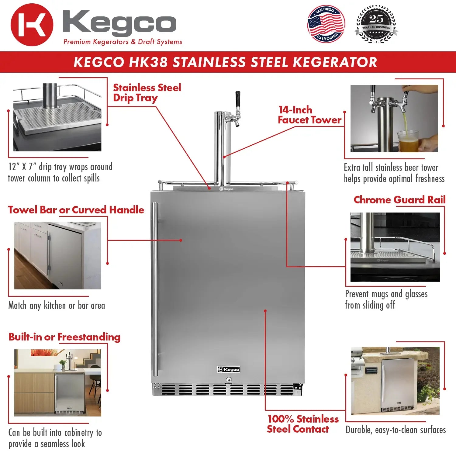 Kegco 24" Wide Single Tap Stainless Steel Built-In Digital Left Hinge Kegerator with Kit