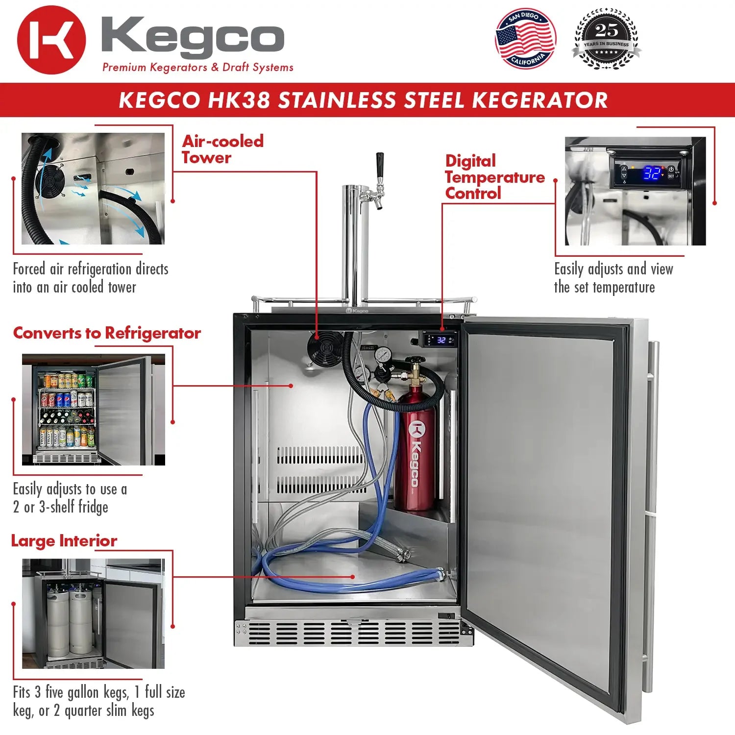 Kegco 24" Wide Single Tap Stainless Steel Built-In Digital Left Hinge Kegerator with Kit
