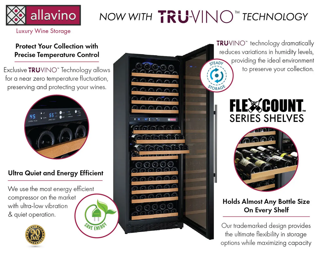 Allavino 47" Wide FlexCount II Tru-Vino 344 Bottle Four Zone Black Side-by-Side Wine Refrigerator