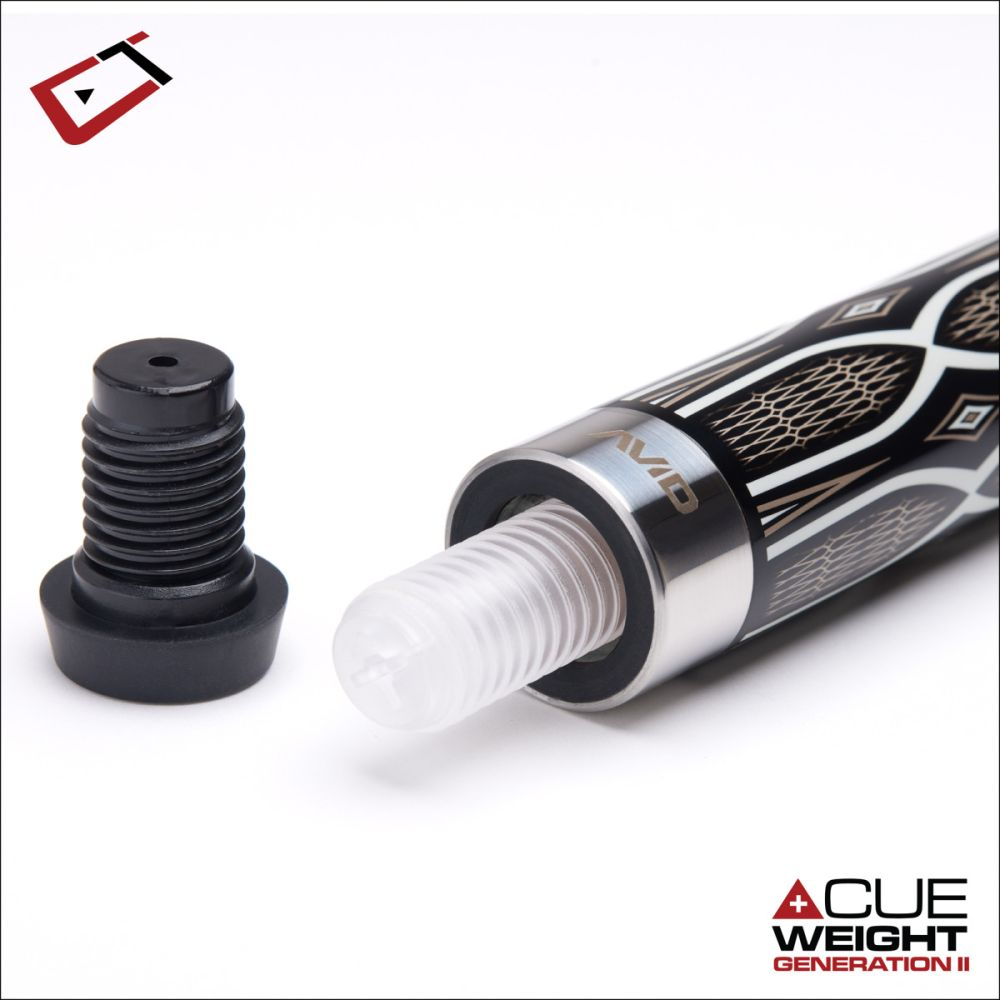 Black and silver screw with white thread on a white background, featuring 'Cue Weight' branding.