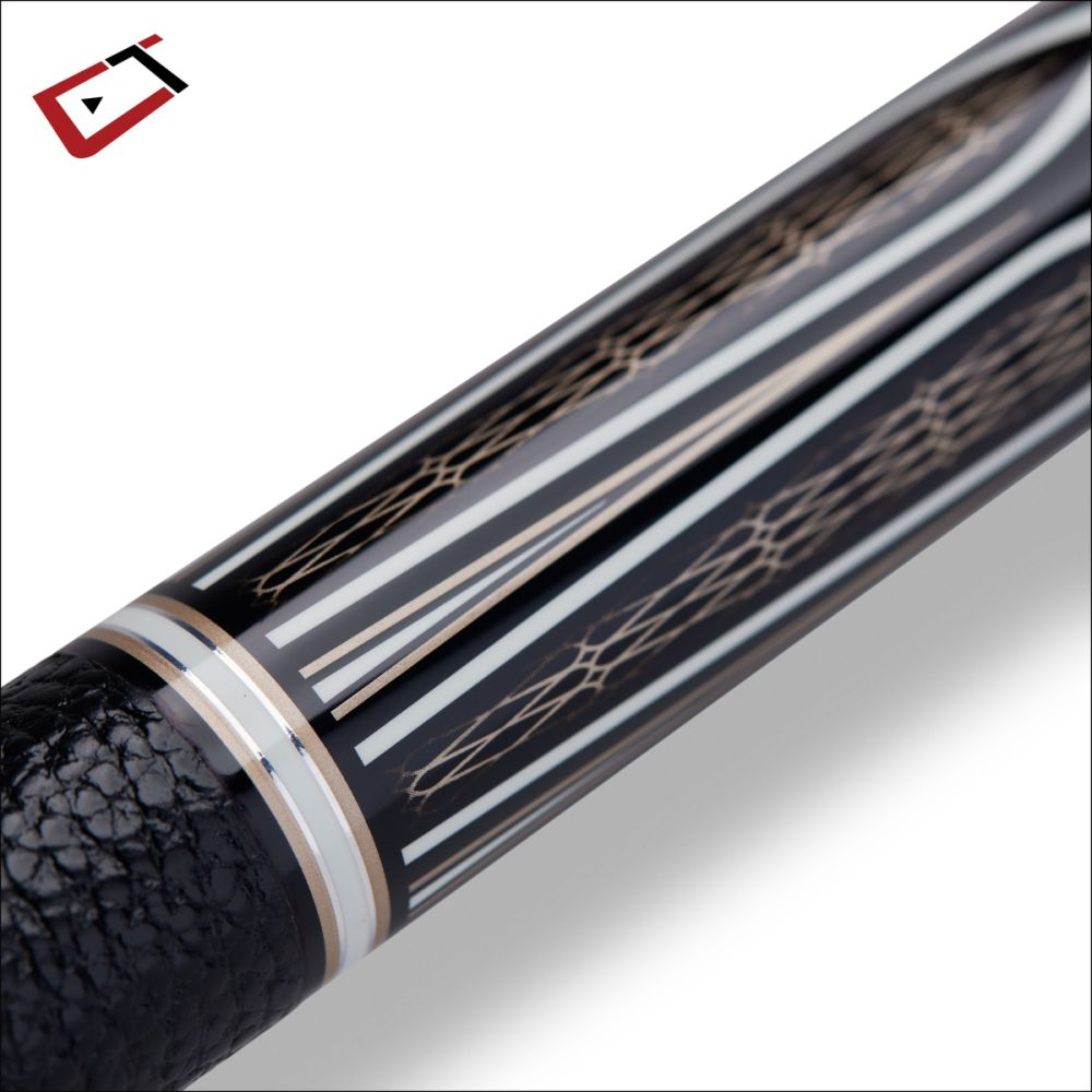 Close-up of a black pool cue with decorative patterns on a white background