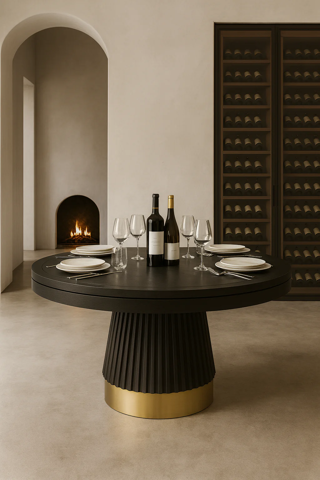Black dining table with wine bottles and glasses in a room with a fireplace and wine rack.