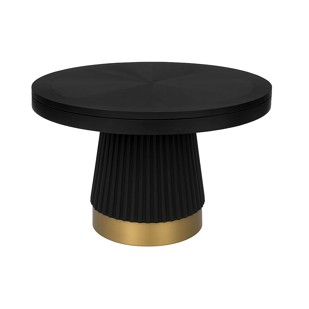 Round black table with a gold base on a white background