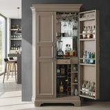 Open bar cabinet with drinks and appliances in a modern kitchen setting