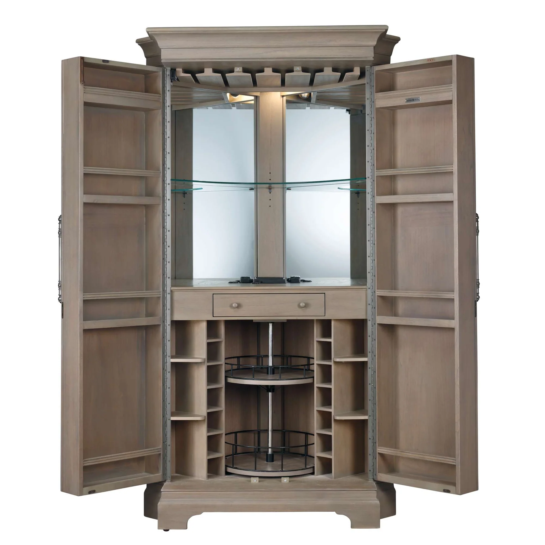 Wooden entertainment center with open doors on a white background