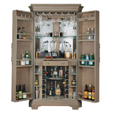 Bar cabinet with open doors displaying bottles, glasses, and appliances on a white background