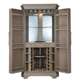 Wooden entertainment center with open doors on a white background