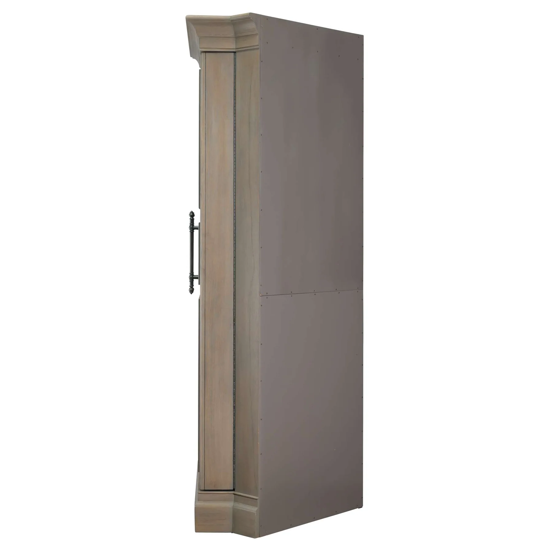 Tall narrow cabinet with wooden side and gray front on a white background