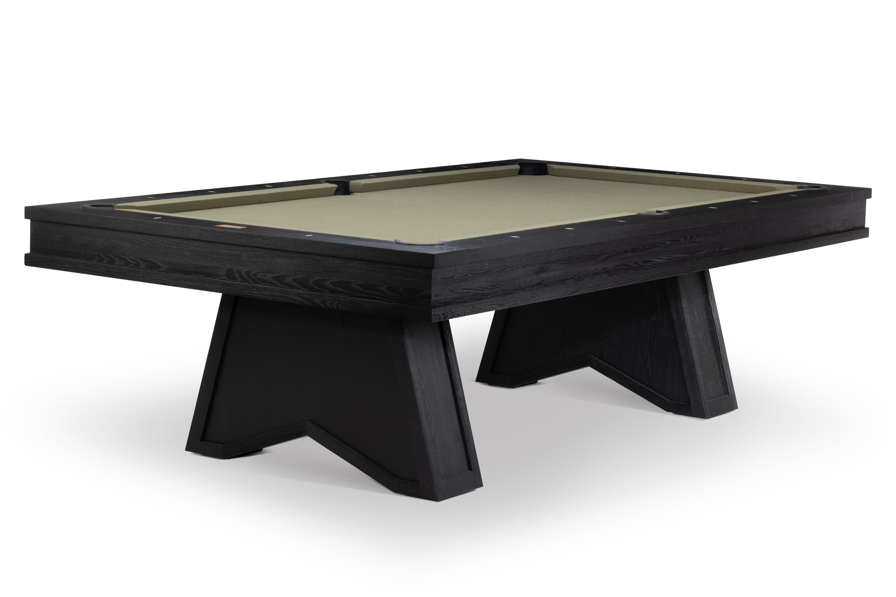 A modern pool table with a dark wood frame and angled legs, featuring a green felt surface with various colored billiard balls, shown on a white background.