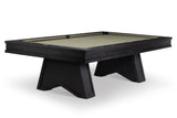 A modern pool table with a dark wood frame and angled legs, featuring a green felt surface with various colored billiard balls, shown on a white background.