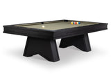 A black wood pool table with a light beige felt surface, featuring a white cue ball and a set of colorful billiard balls on the table, photographed on a clean white background.