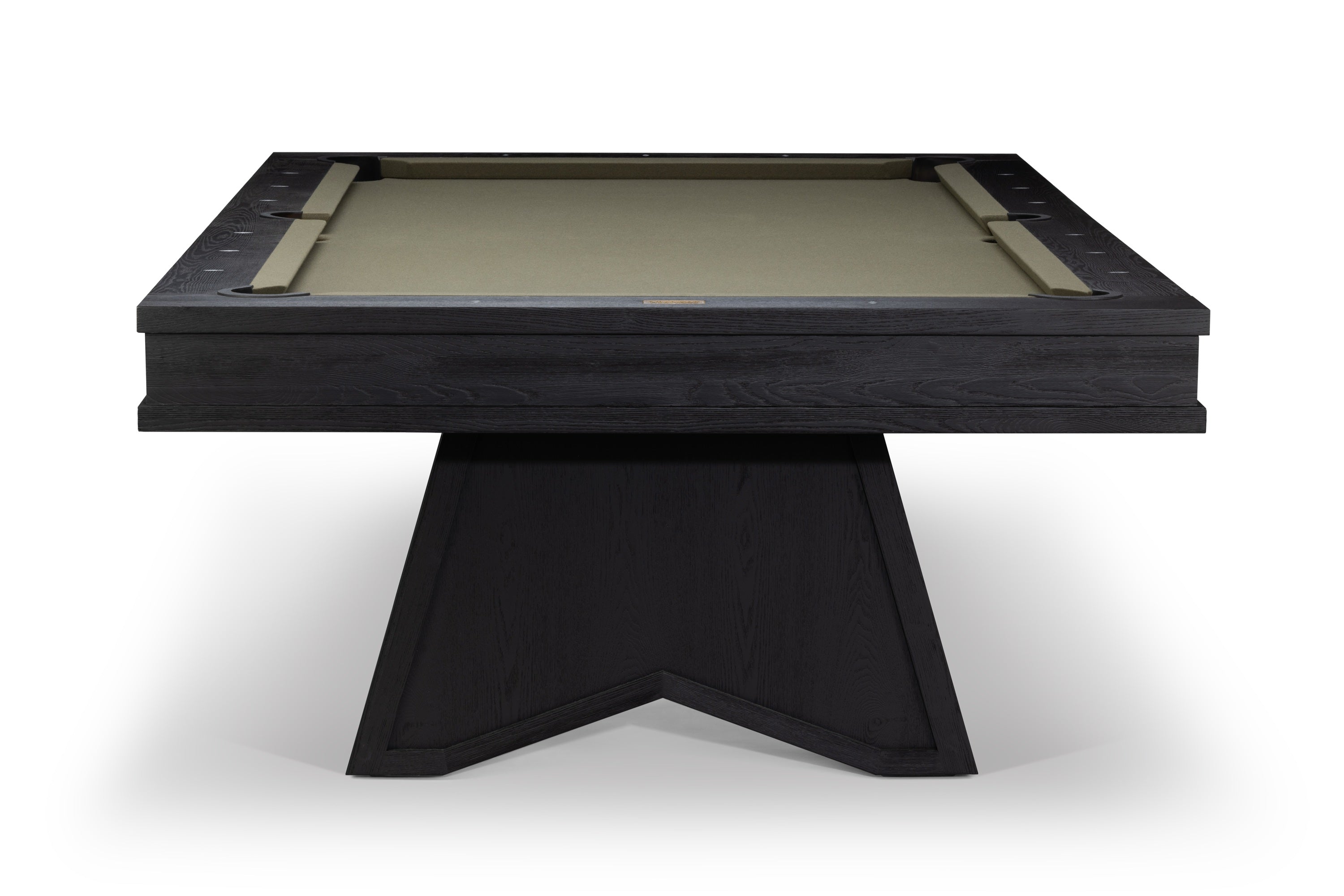 A modern black wood pool table with a beige felt playing surface, shown from a high angle on a white background.