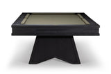 A modern black wood pool table with a beige felt playing surface, shown from a high angle on a white background.