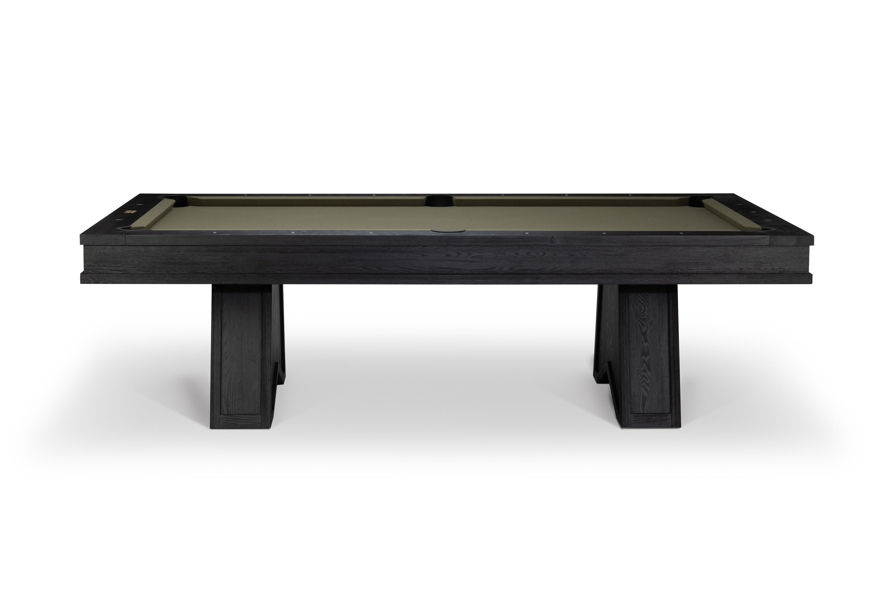 A modern pool table with a dark wood frame and a light beige felt surface, shown from a front-three-quarters angle on a white background.