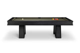 A modern pool table with a dark wood frame and a green felt surface, shown from a side angle on a white background with a few billiard balls on the table.