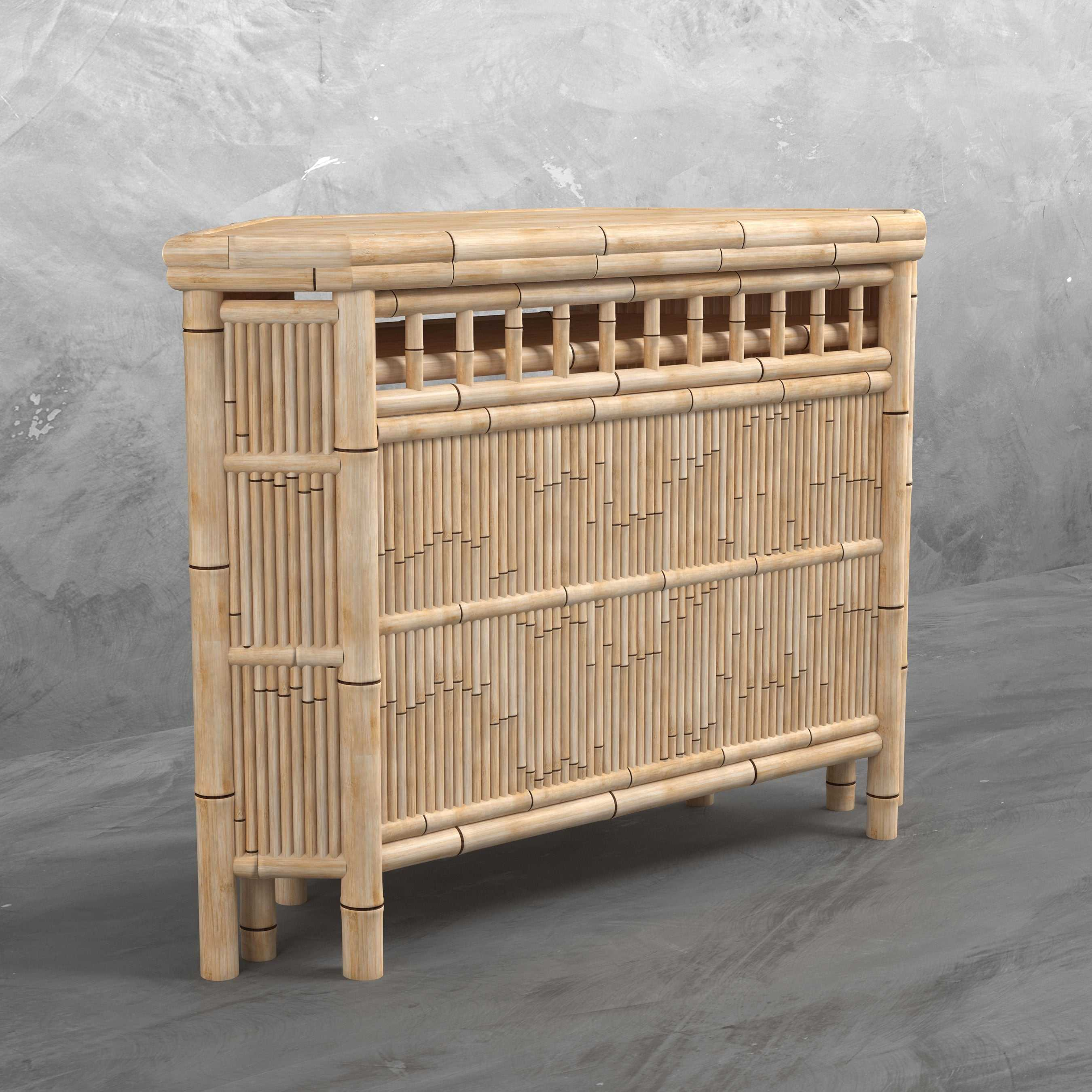 Bamboo cabinet against a gray concrete wall