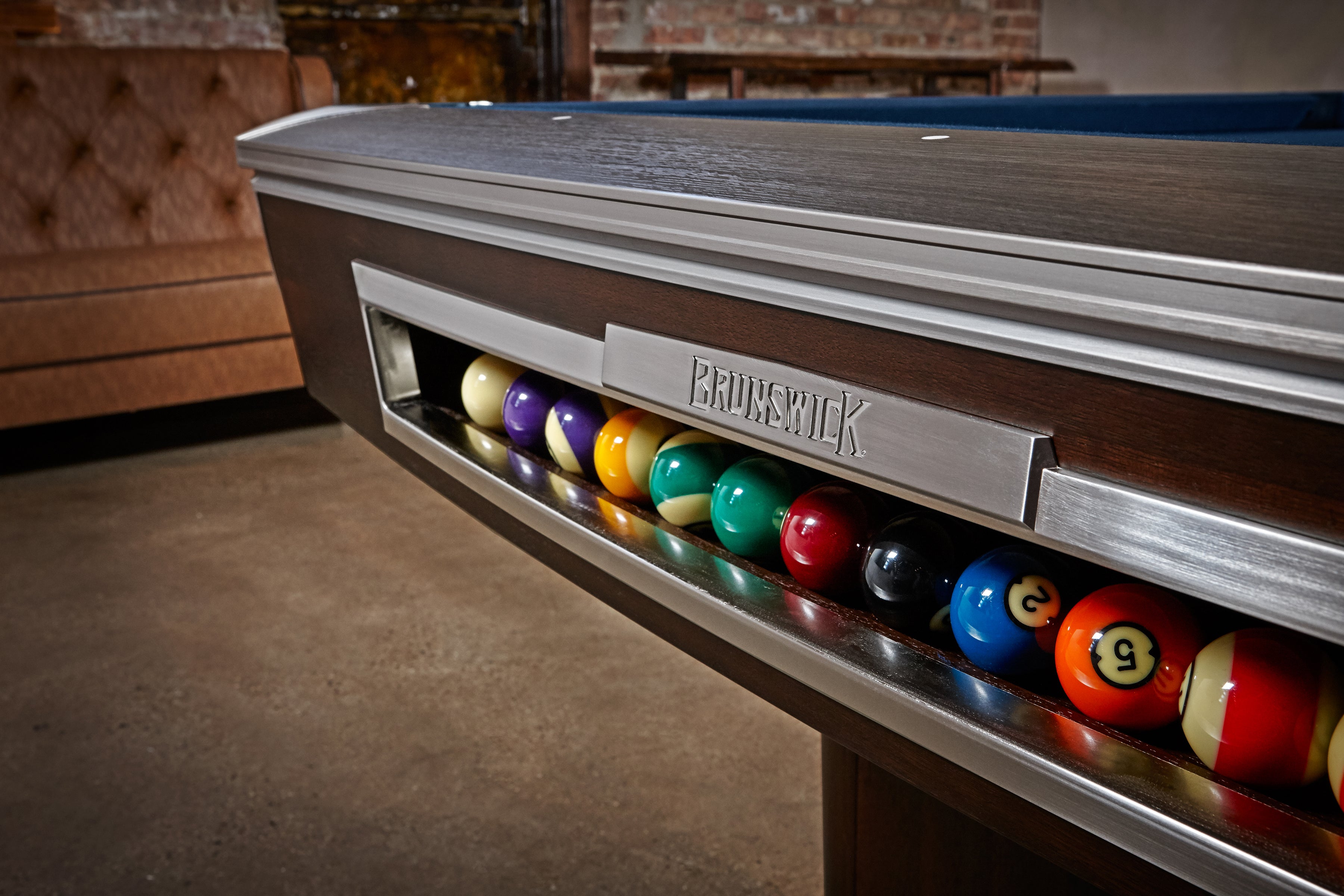 Brunswick Billiards Gold Crown VI 8' Slate Pool Table in Skyline Walnut/Espresso w/ Gully Return