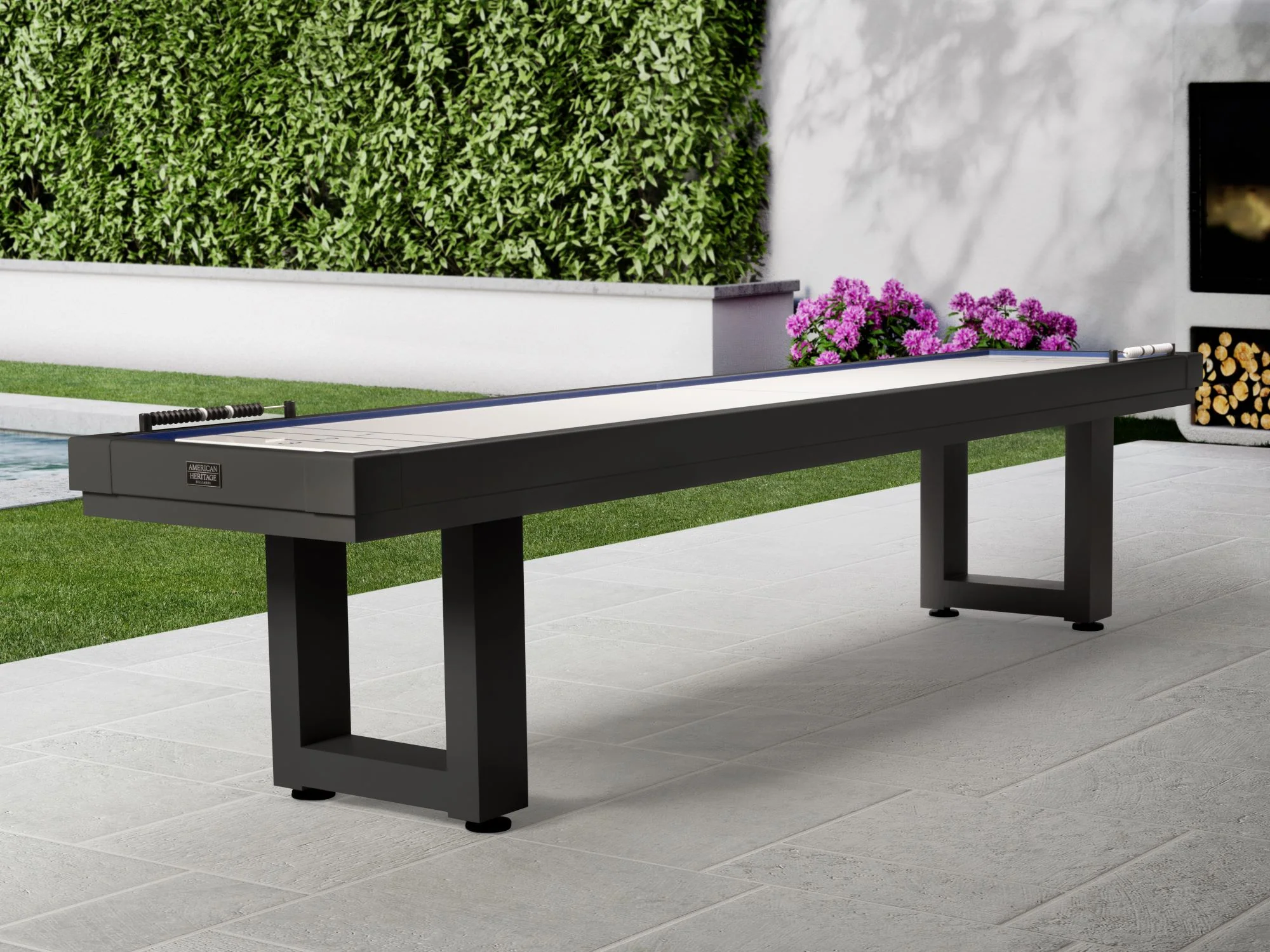 An American Heritage Lanai 9' Outdoor Shuffleboard Table in Obsidian Black sits on the patio.