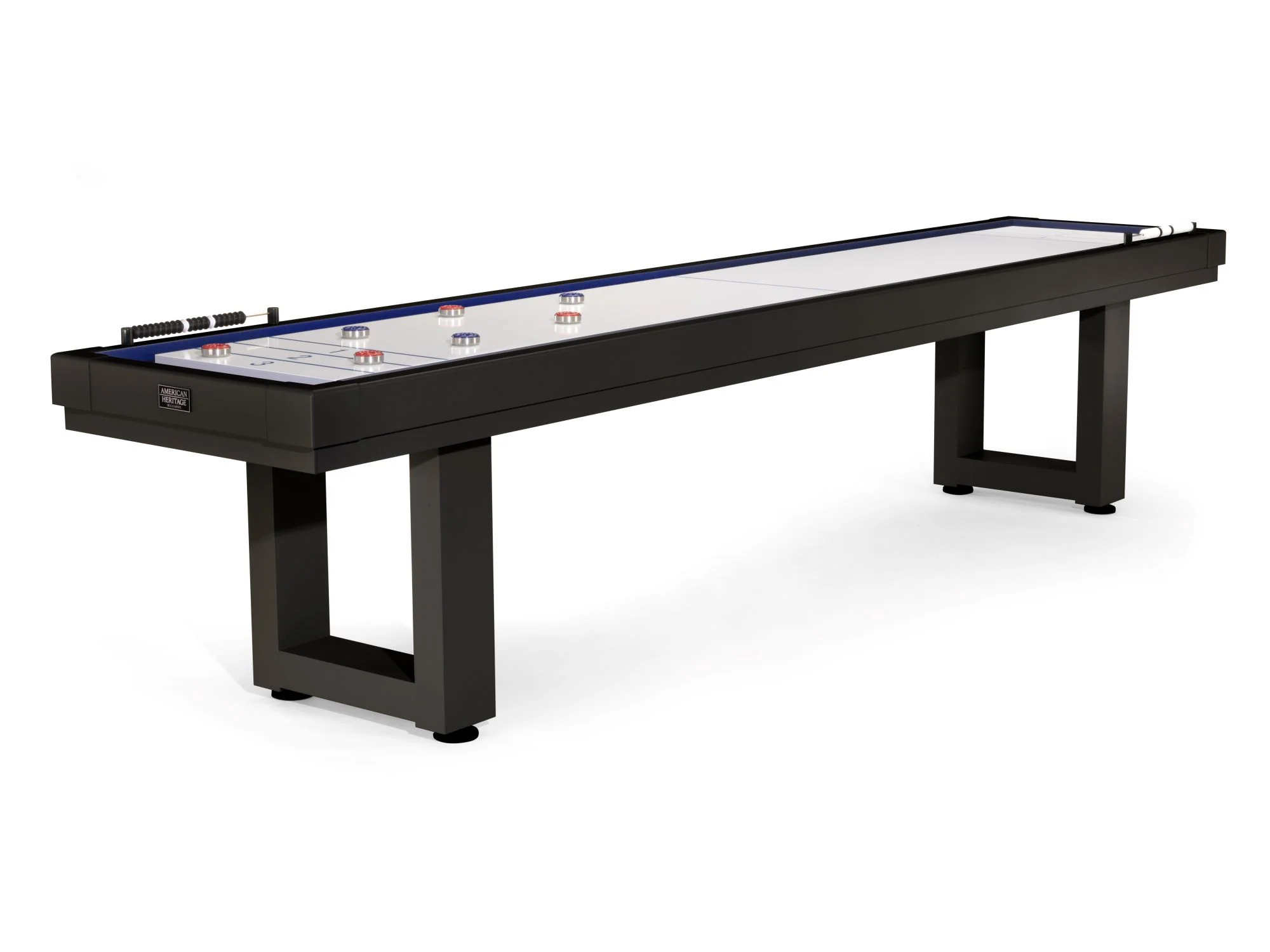 American Heritage Lanai 9' Outdoor Shuffleboard Table in Obsidian Black with pucks & markers.