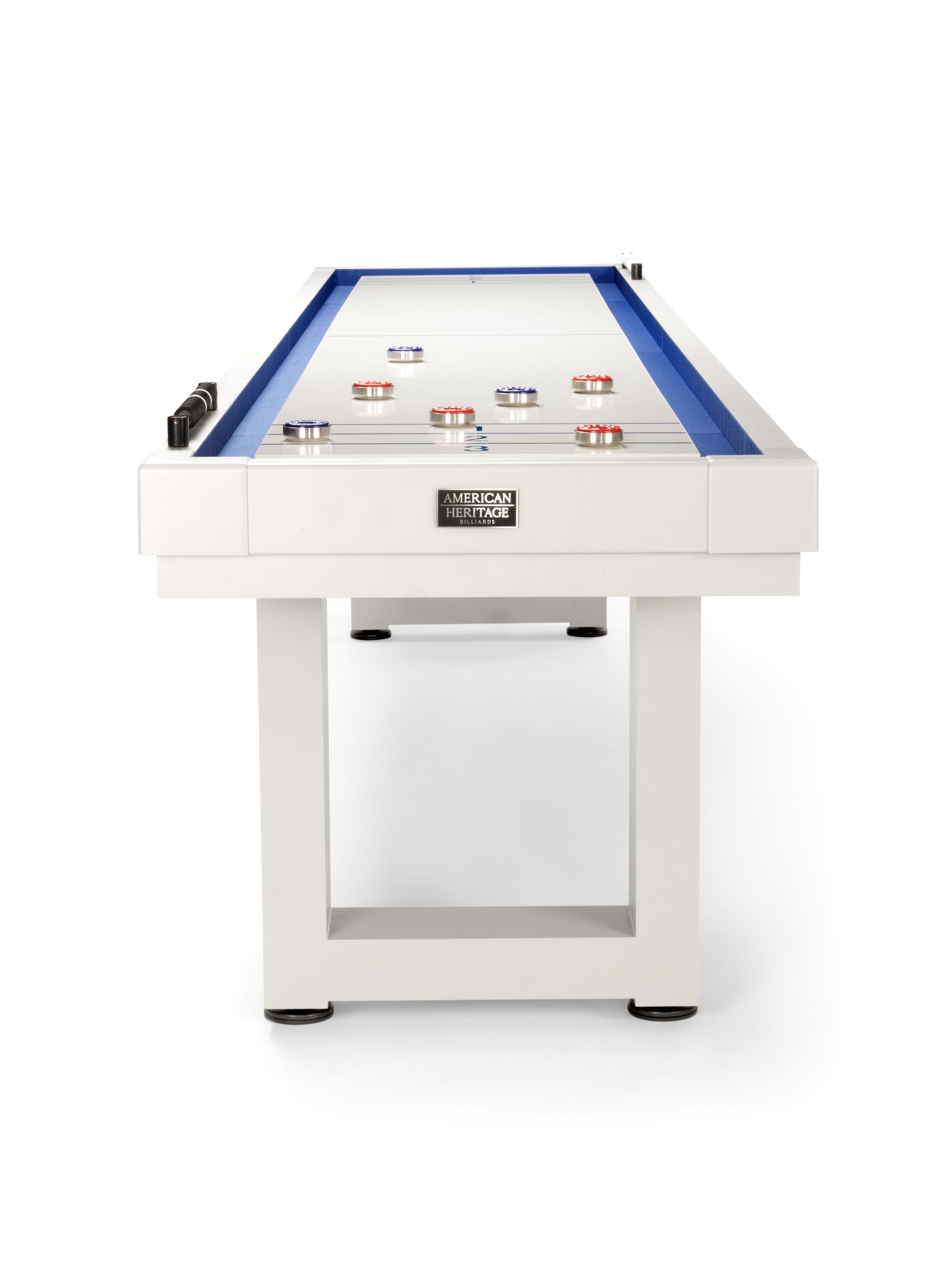 American Heritage Lanai 9' Pearl White shuffleboard table with pucks, by American Heritage Billiards.
