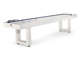 American Heritage Lanai 12' Outdoor Shuffleboard Table in Pearl White with aluminum legs.