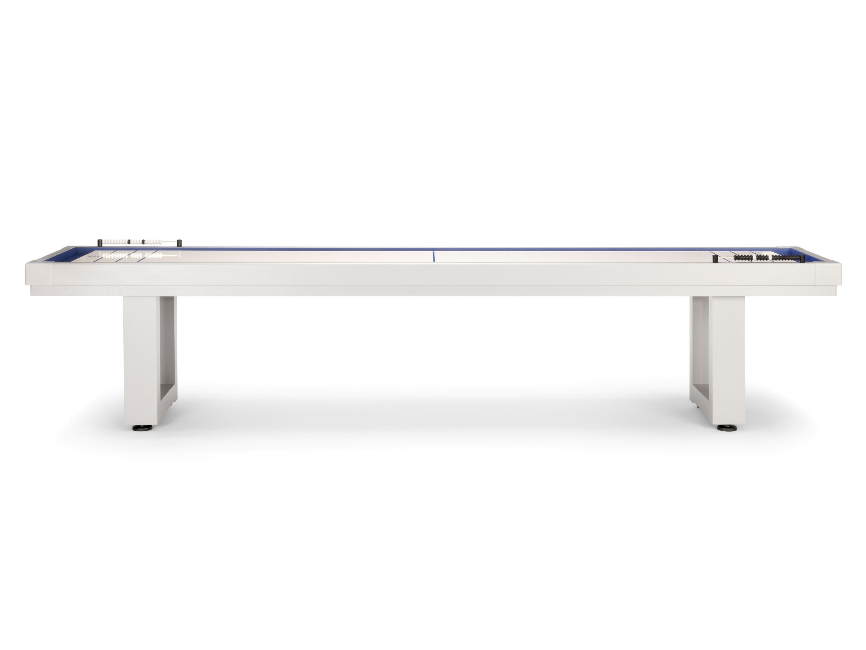 American Heritage Lanai 9' Pearl White Outdoor Shuffleboard Table, side view.