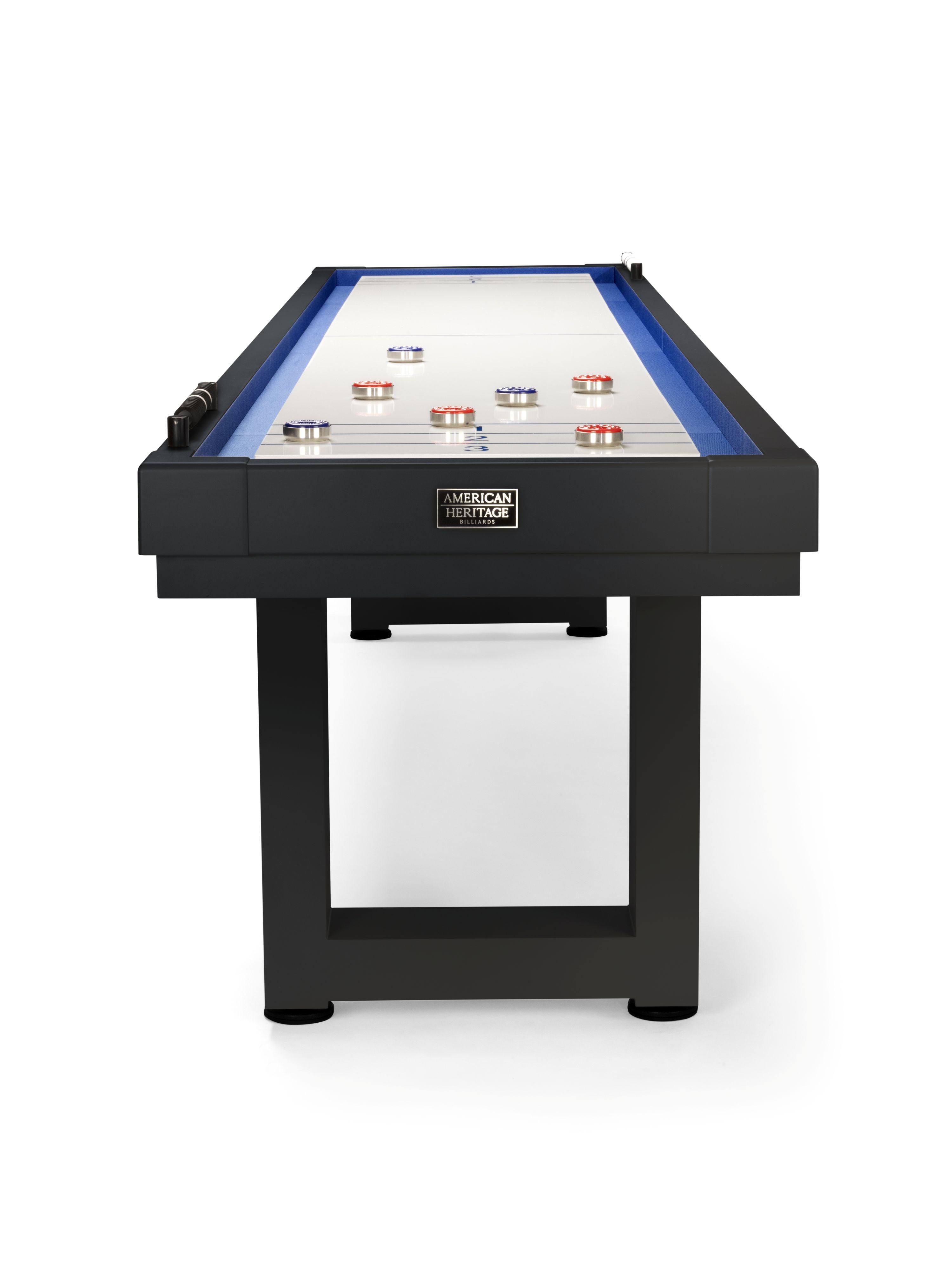 American Heritage Lanai 9' Shuffleboard Table in Obsidian Black with all-weather aluminum surface.