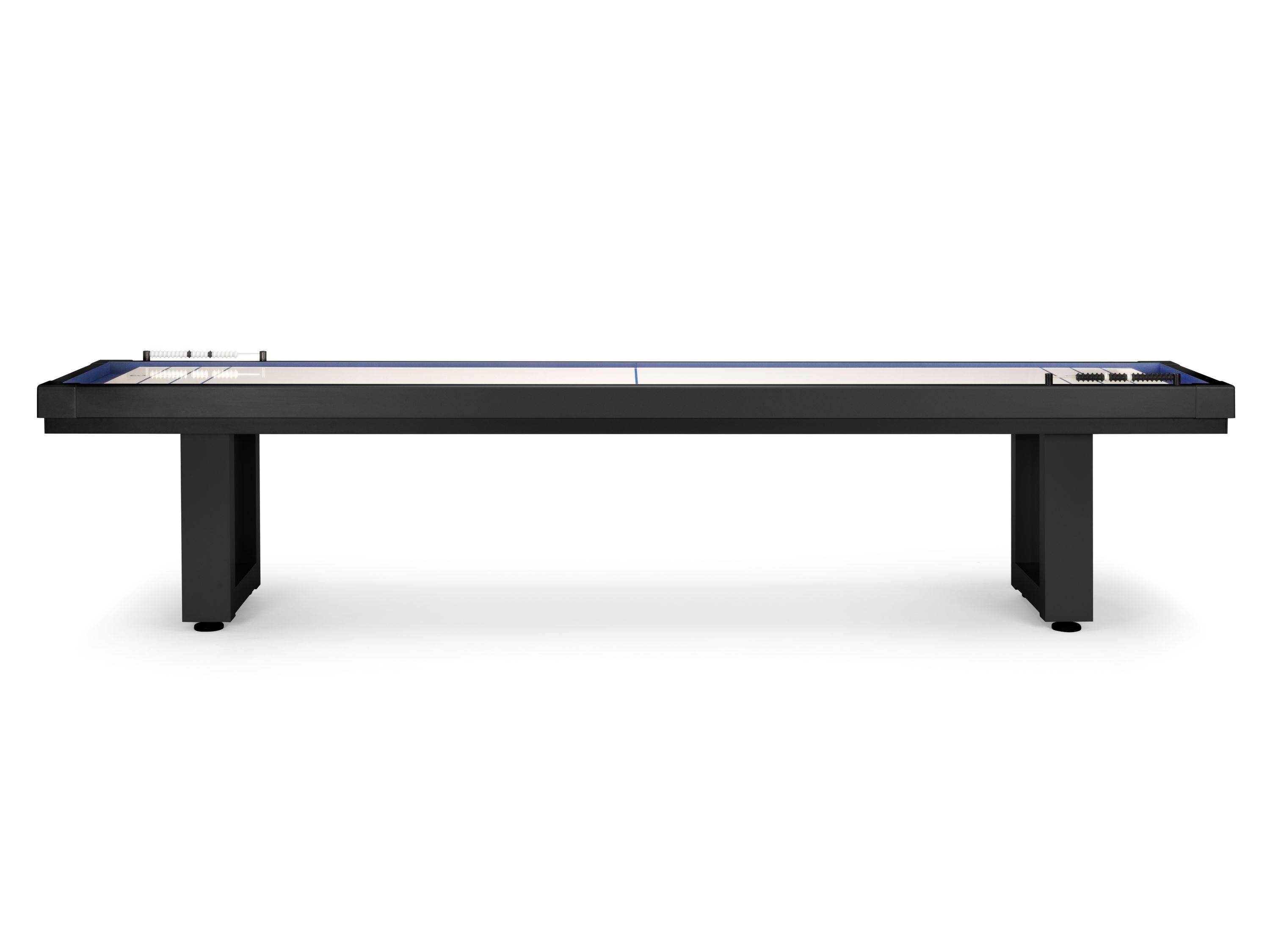American Heritage Lanai 12' Outdoor Shuffleboard Table in Obsidian Black with white surface.