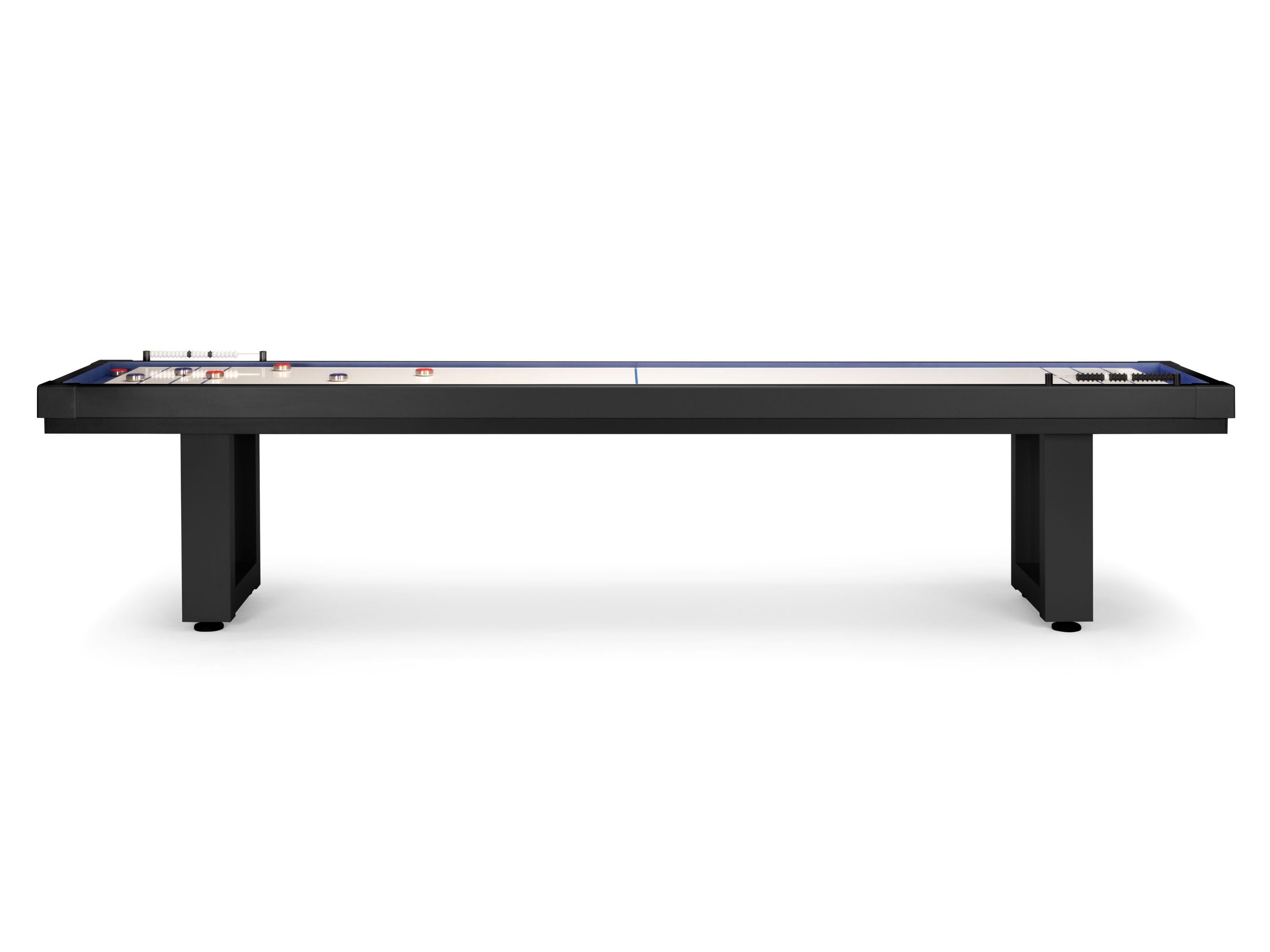 American Heritage Lanai 12' Shuffleboard Table in Obsidian Black, front view on white background.