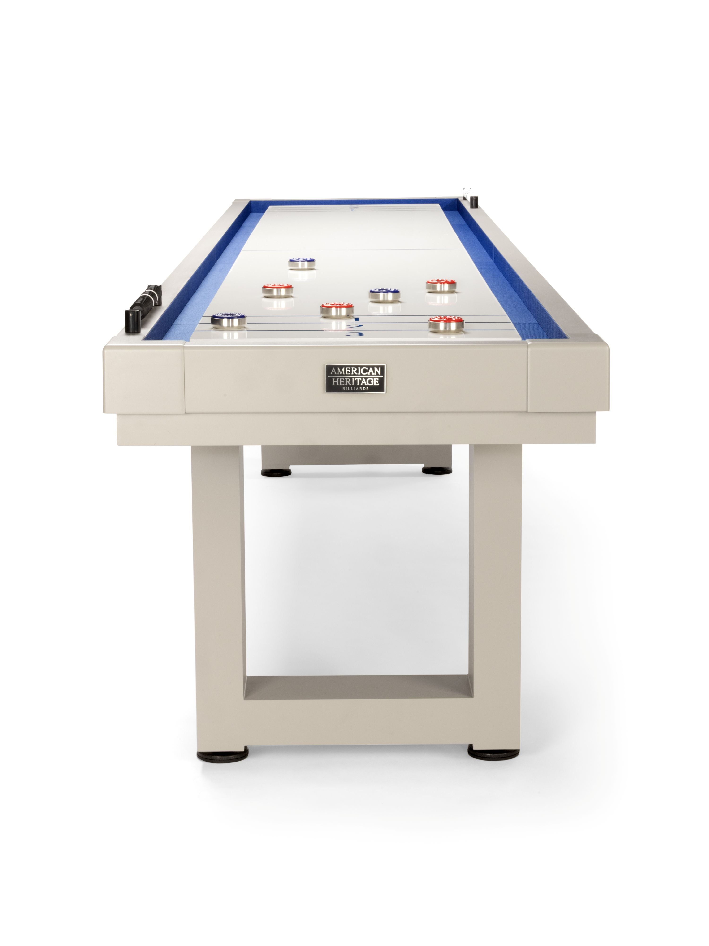 American Heritage Lanai 12' Outdoor Shuffleboard Table in Oyster Grey with pucks on top.