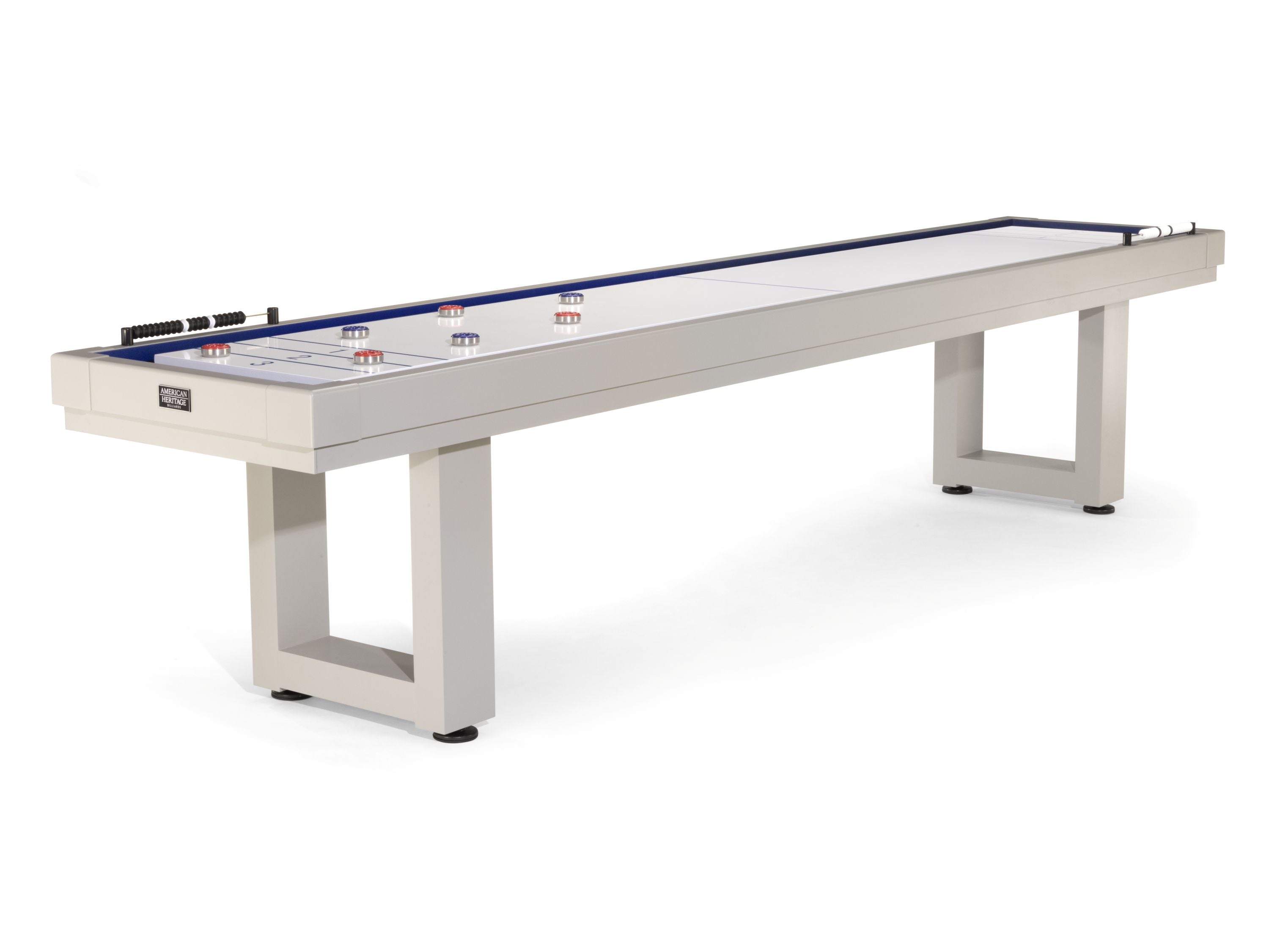 American Heritage Lanai 12' Outdoor Shuffleboard Table in Oyster Grey with metal legs and scorer.