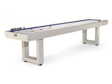 American Heritage Lanai 12' Outdoor Shuffleboard Table in Oyster Grey with metal legs and scorer.