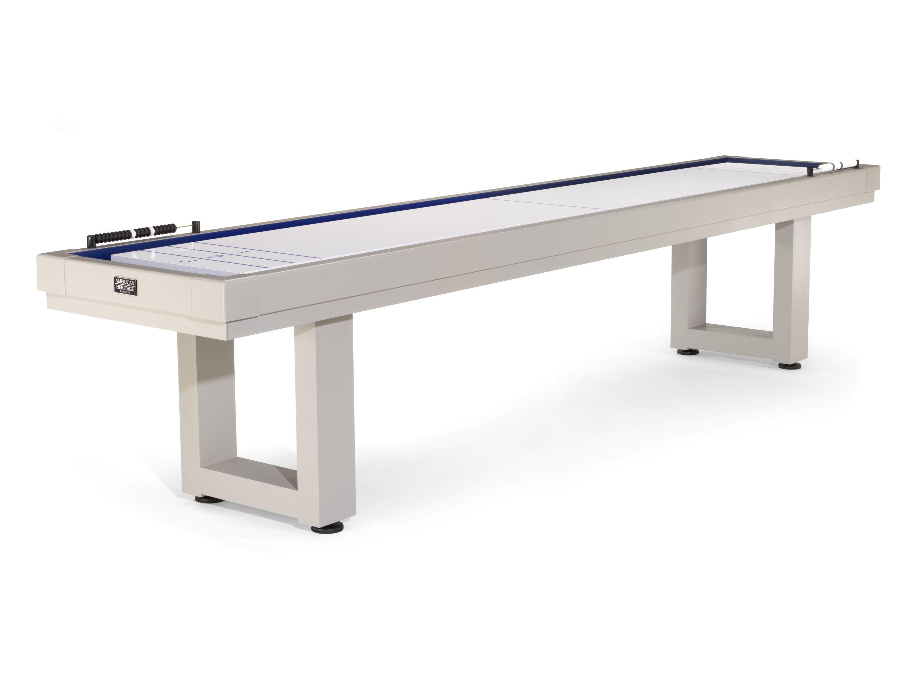 American Heritage Lanai 12' Outdoor Shuffleboard Table in Oyster Grey with scoring pegs.