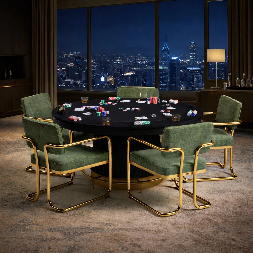 Poker table with green chairs in a room with a cityscape view