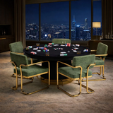 Poker table with green chairs in a room with a cityscape view