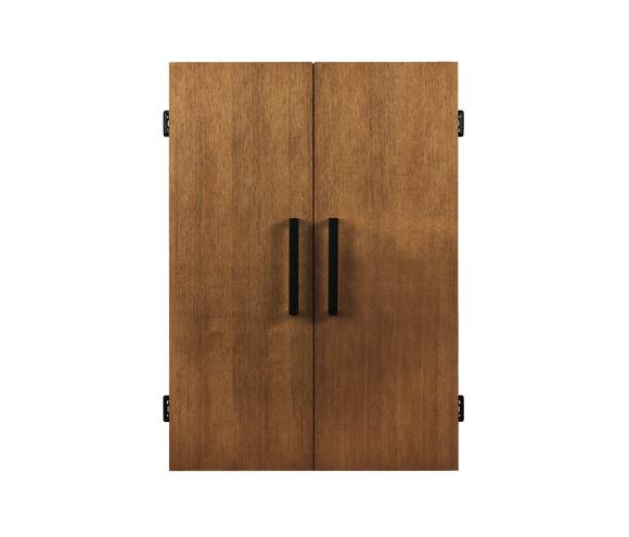 American Heritage Billiards Alta Dartboard Cabinet in Brushed Walnut, closed with black handles.
