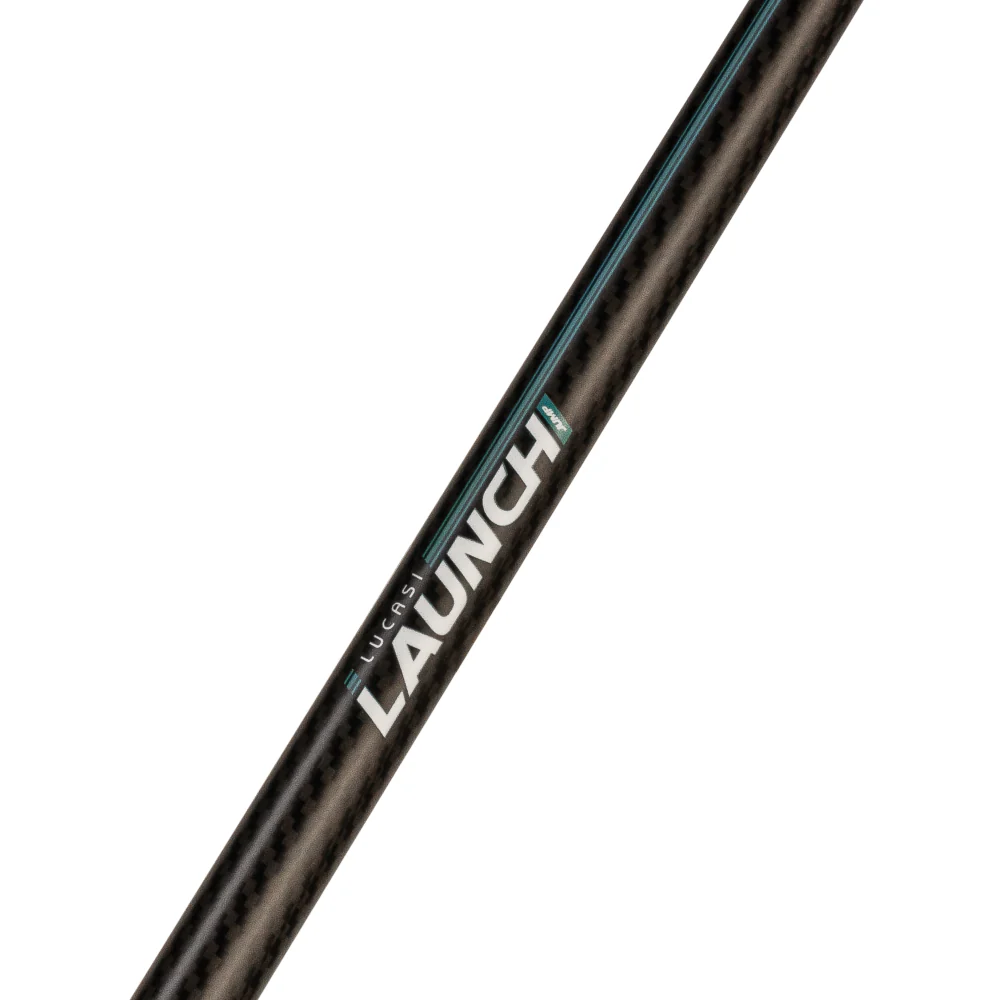 Close-up of a carbon-fiber fishing rod section with the LAUNCH logo printed in white and a thin teal accent line, shown on a plain white background.