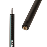 Close-up of a black carbon-fiber cue shaft with a gold ball end and a silver tip, shown against a plain white background.