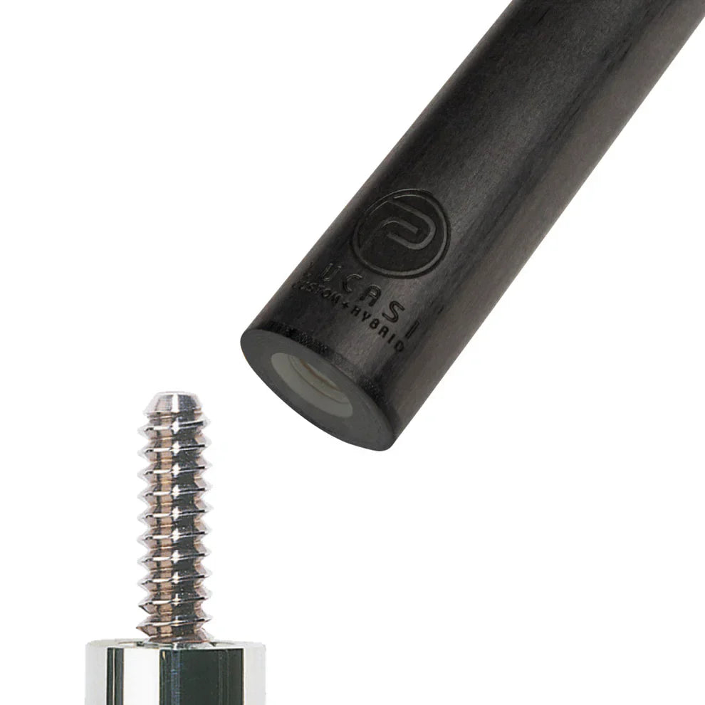 Close-up of the Lucasi Pinnacle Carbon Fiber Shaft with threaded screw and Lucasi logo.