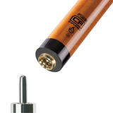 Wooden pool cue with gold tip on a white background
