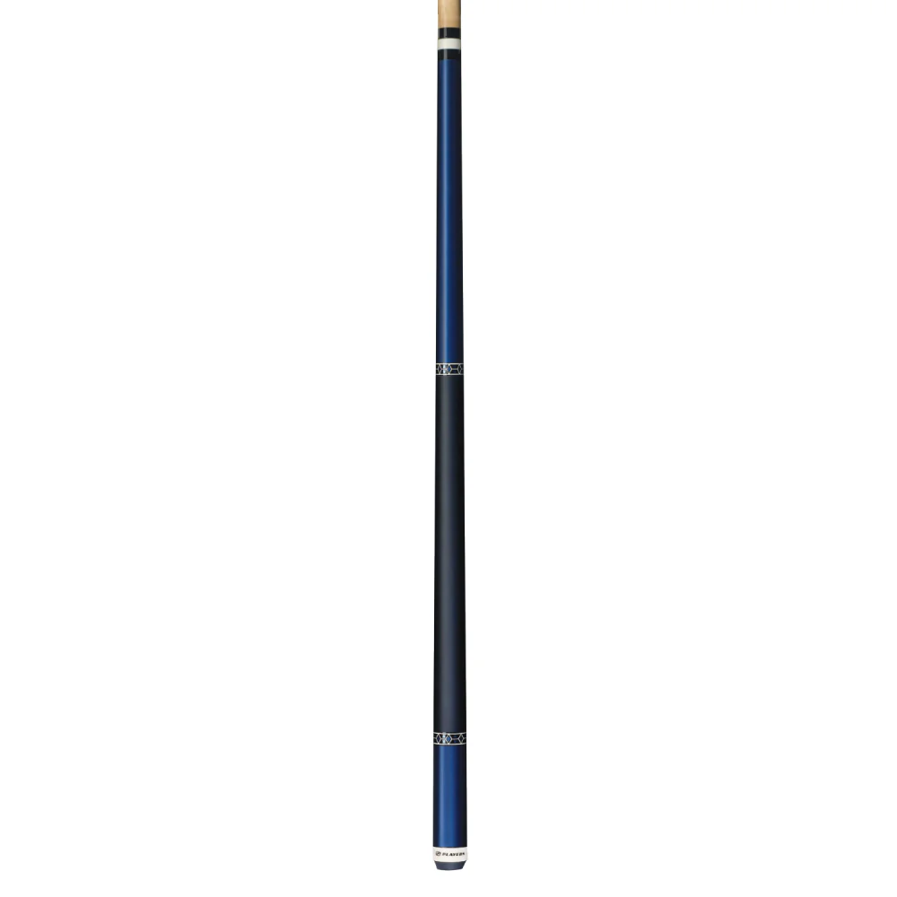 Pool cue with blue and black design on a white background