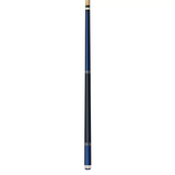 Pool cue with blue and black design on a white background