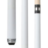 White pool cue with black accents on a white background