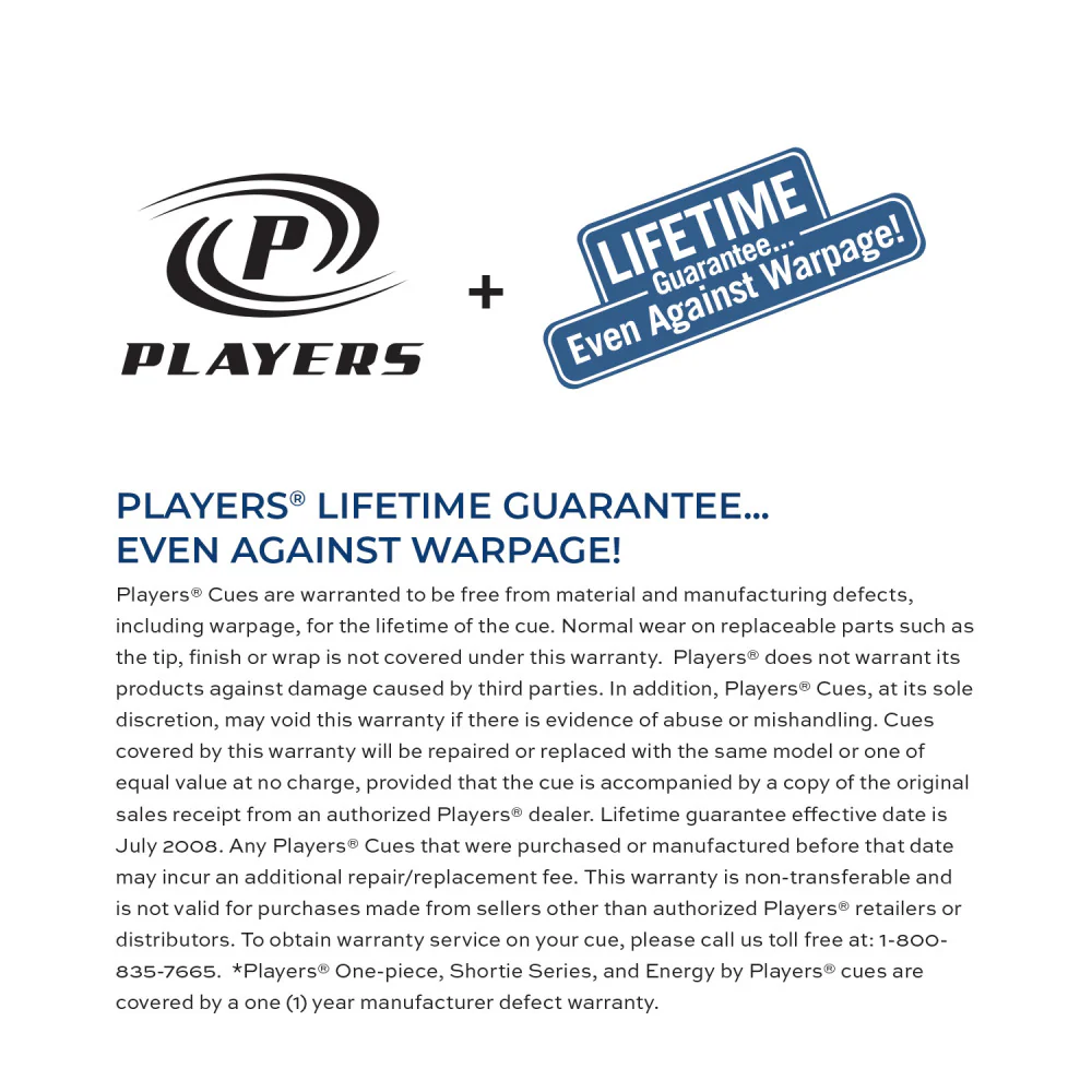 Players cue warranty information with brand logo on a white background