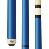 Blue pool cue with different designs on a white background